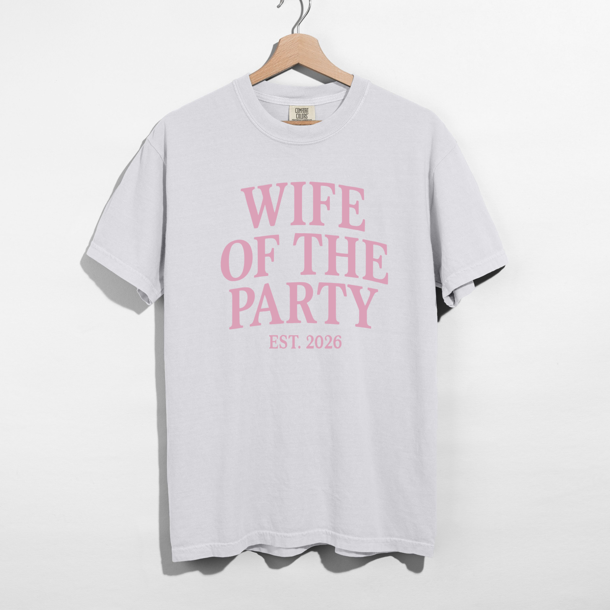 White Wife of the Party graphic t-shirt with pink text