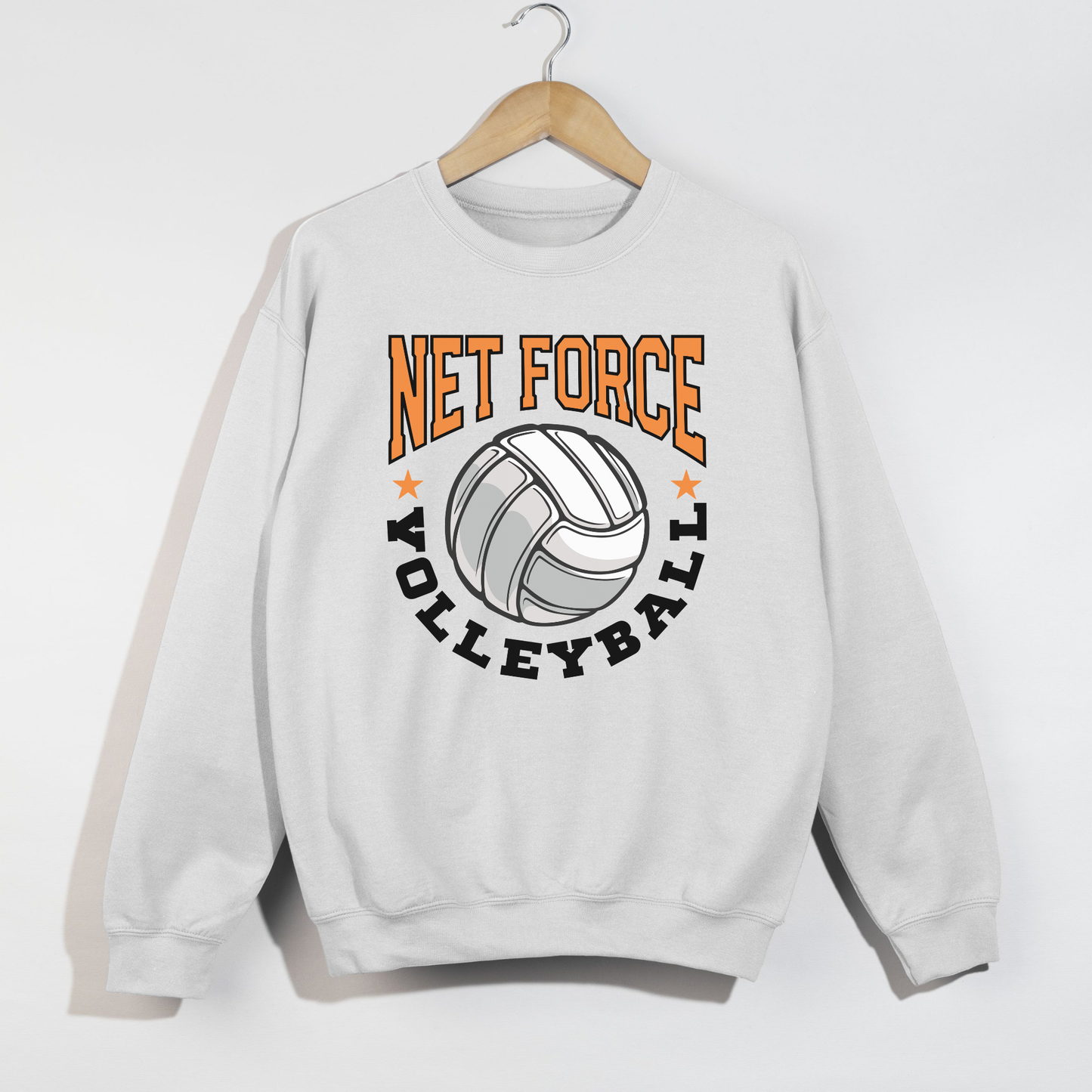 White sweatshirt with 'Net Force Volleyball' text and volleyball graphic on a white background
