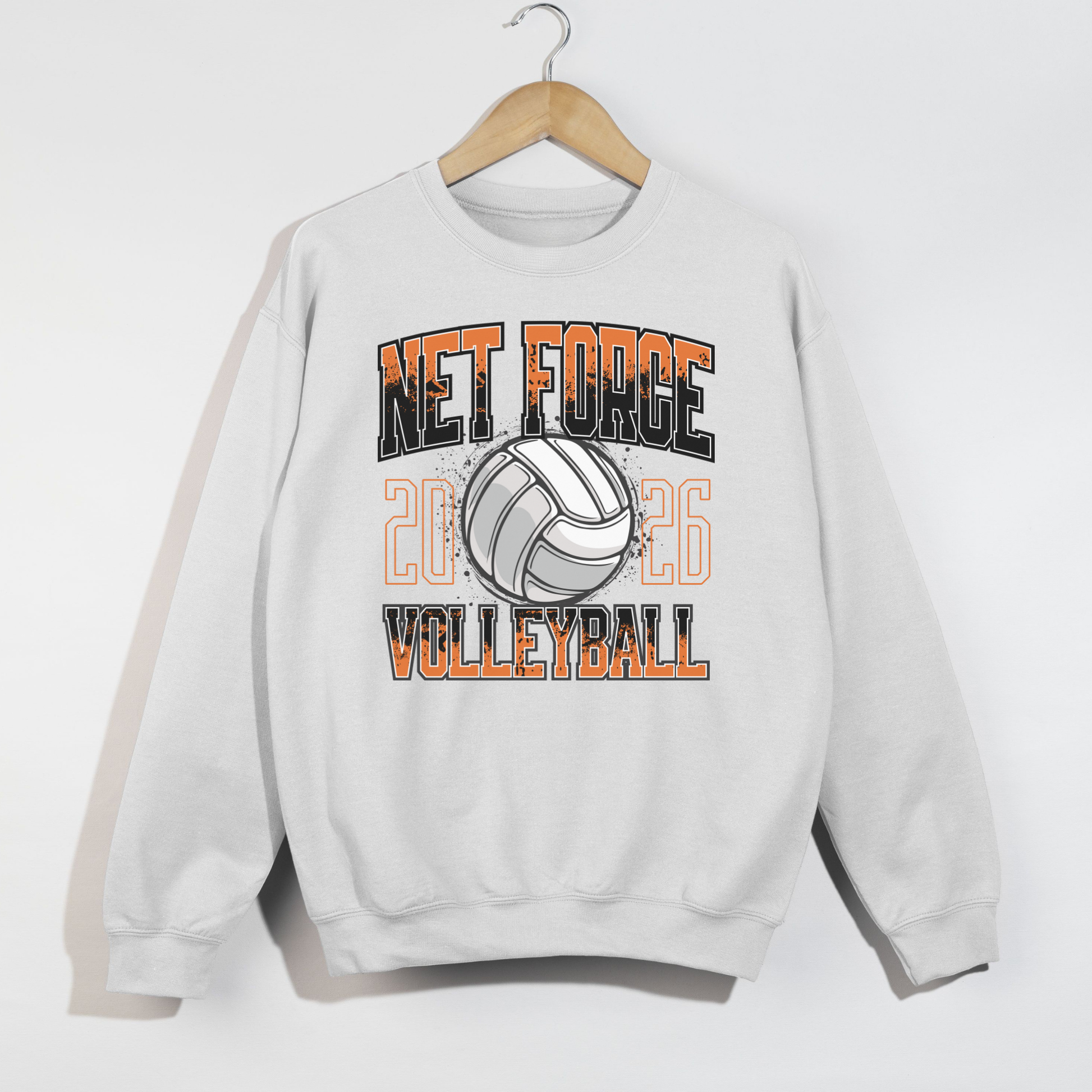 White sweatshirt with 'Net Force Volleyball' design on a hanger against a white background