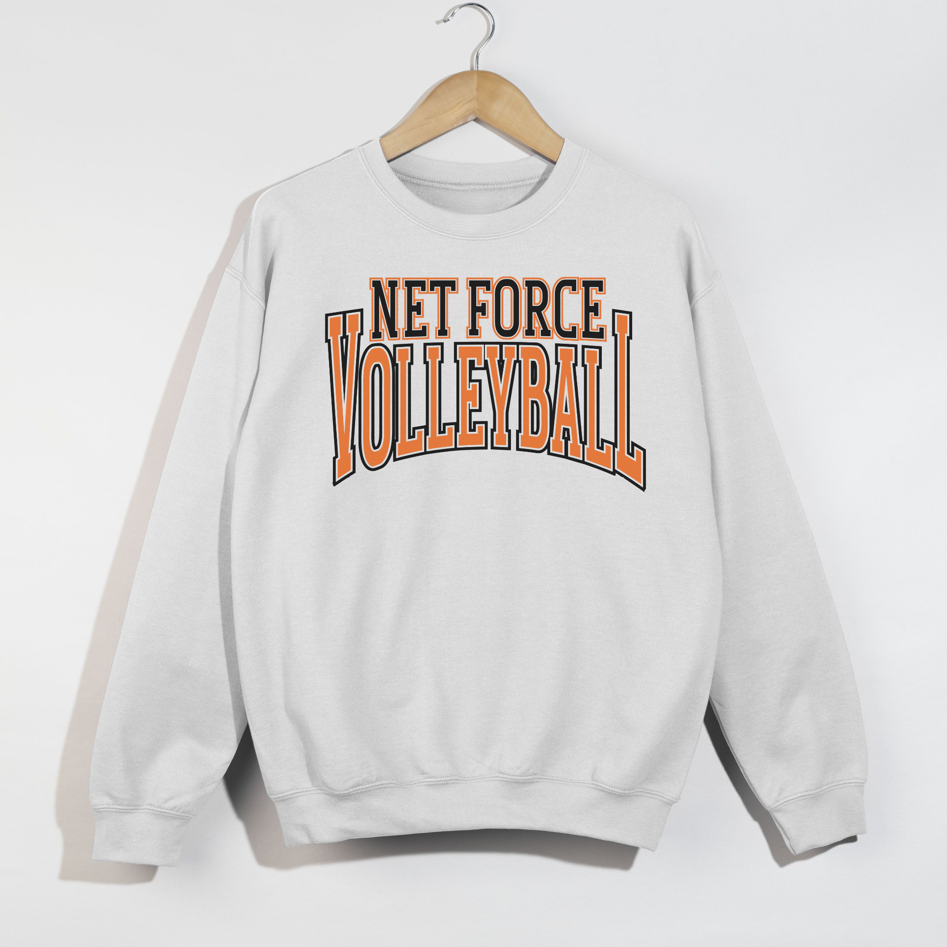 White sweatshirt with 'NET FORCE VOLLEYBALL' text on a white background