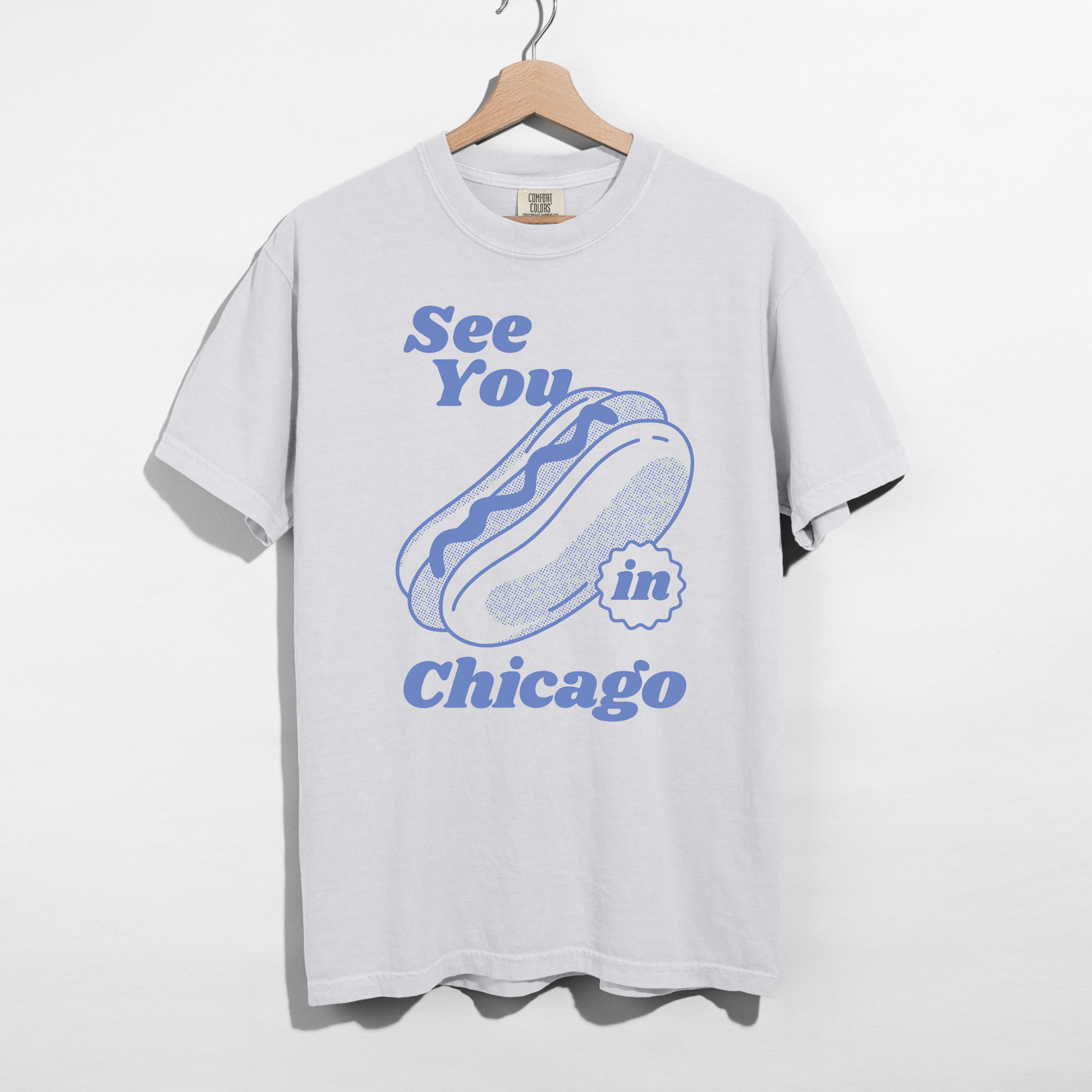 White See You in Chicago hot dog graphic t-shirt with retro blue print