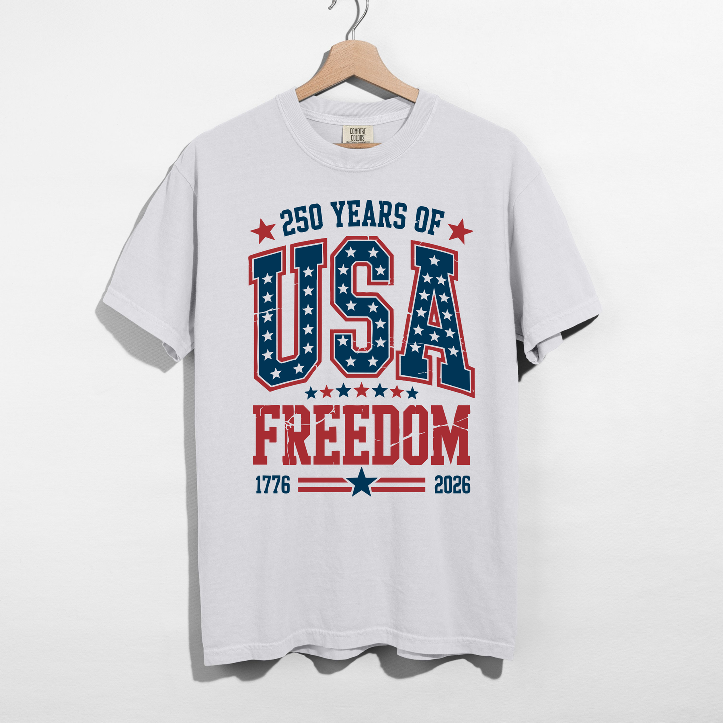 White America 250 anniversary patriotic t-shirt with red white blue varsity lettering