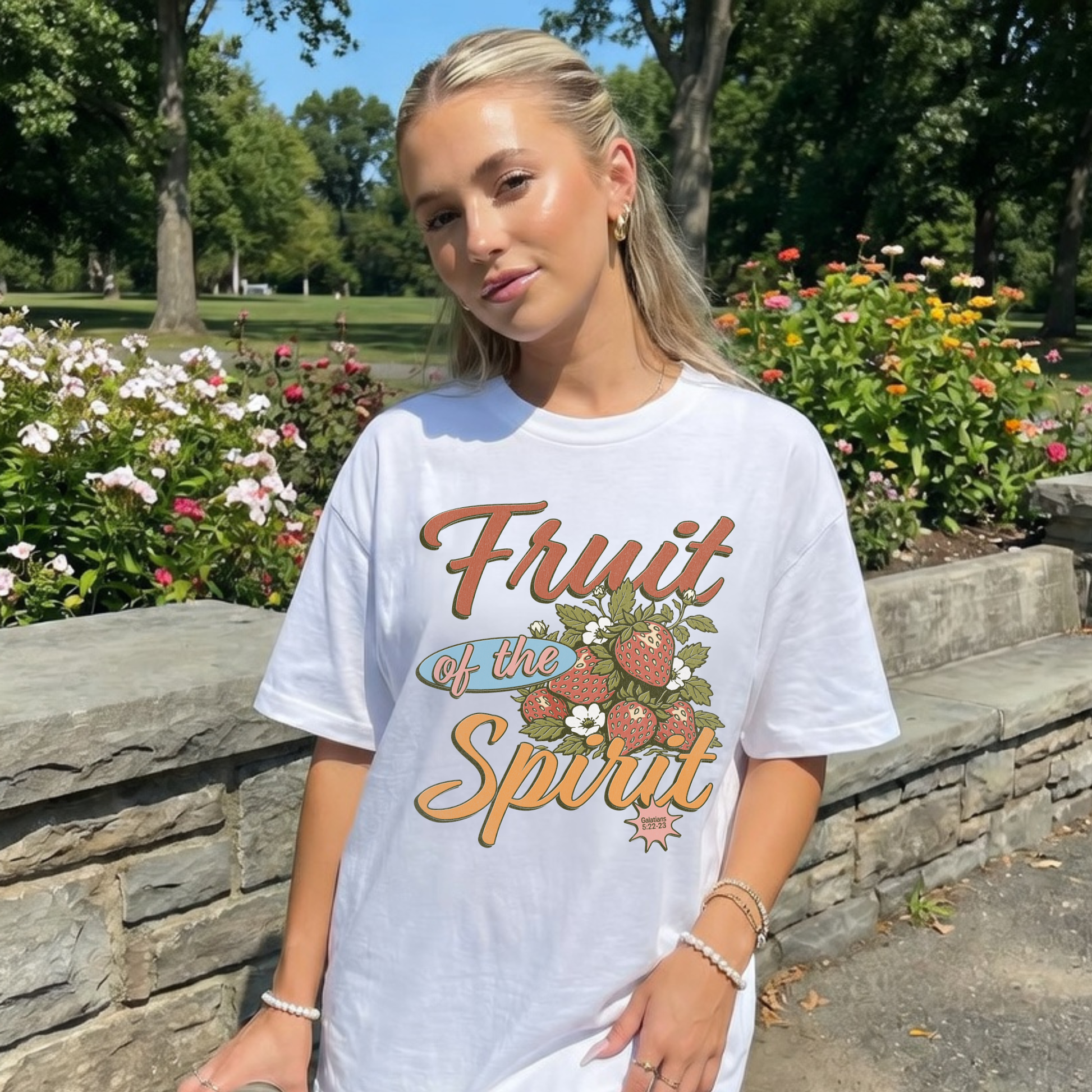 woman wearing fruit of the spirit christian strawberry graphic tee faith based bible verse shirt galatians scripture shirt