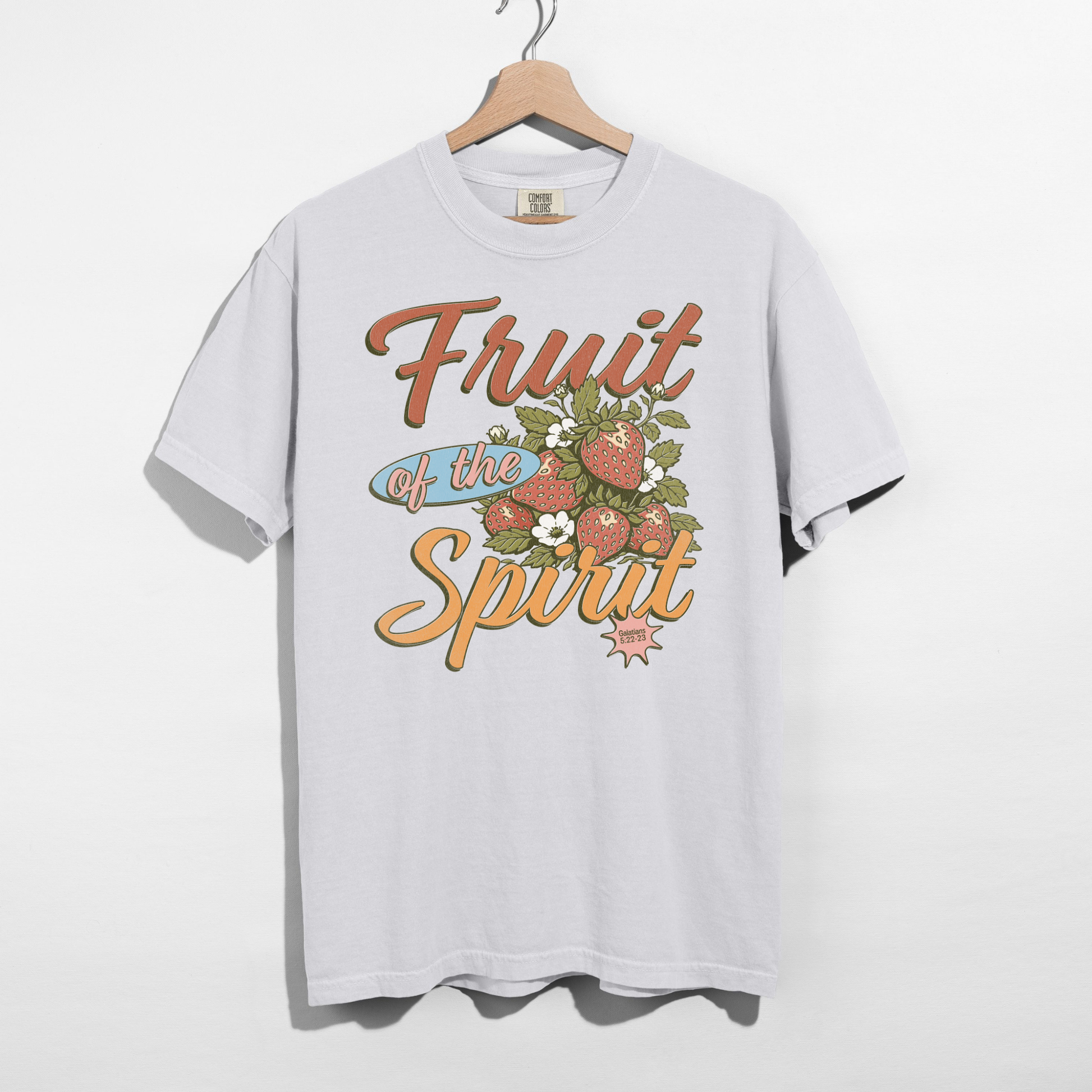 fruit of the spirit christian strawberry graphic tee galatians 5:22-23 bible verse faith t-shirt white comfort colors shirt