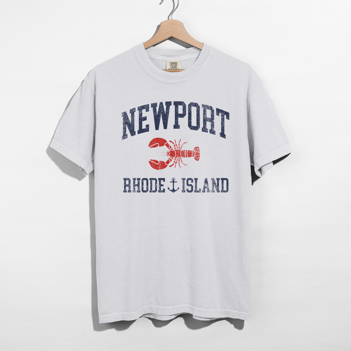 White Newport Rhode Island lobster graphic t-shirt coastal aesthetic casual outfit