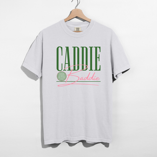 White Caddie Baddie graphic tee with green and pink design cute golf shirt aesthetic
