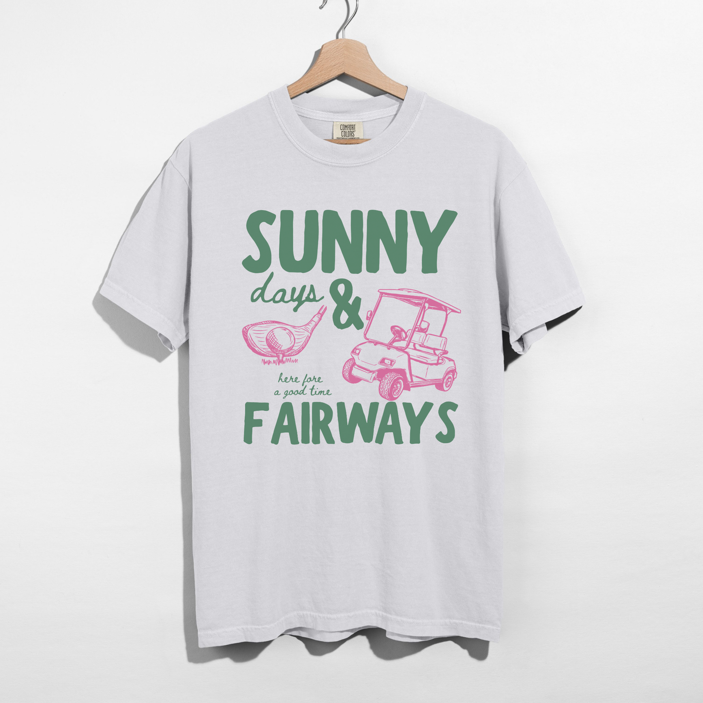 White Sunny Fairways shirt simple minimal golf tee outfit inspiration