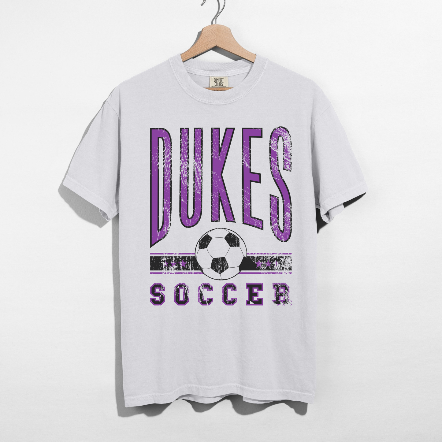 dukes soccer graphic tee white shirt front view soccer spirit wear