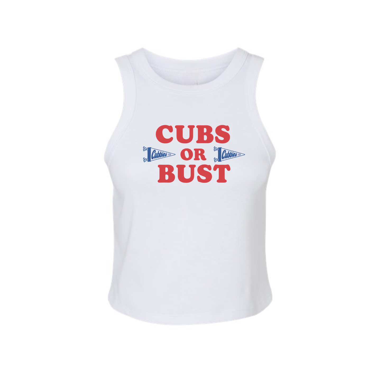 White ribbed Cubs Or Bust graphic tank top flat lay product image