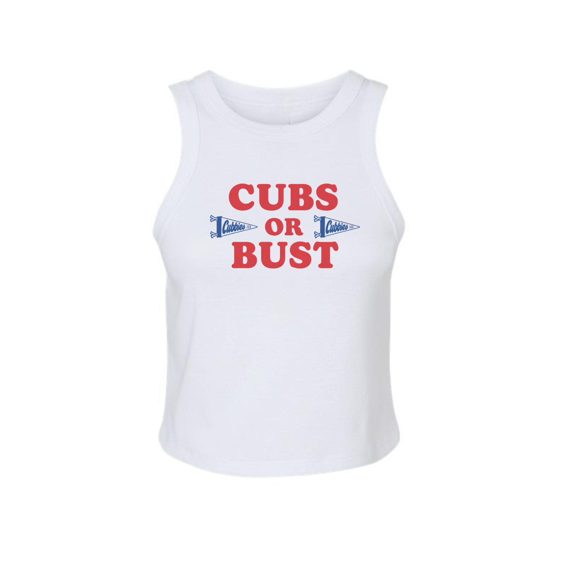White ribbed Cubs Or Bust graphic tank top flat lay product image