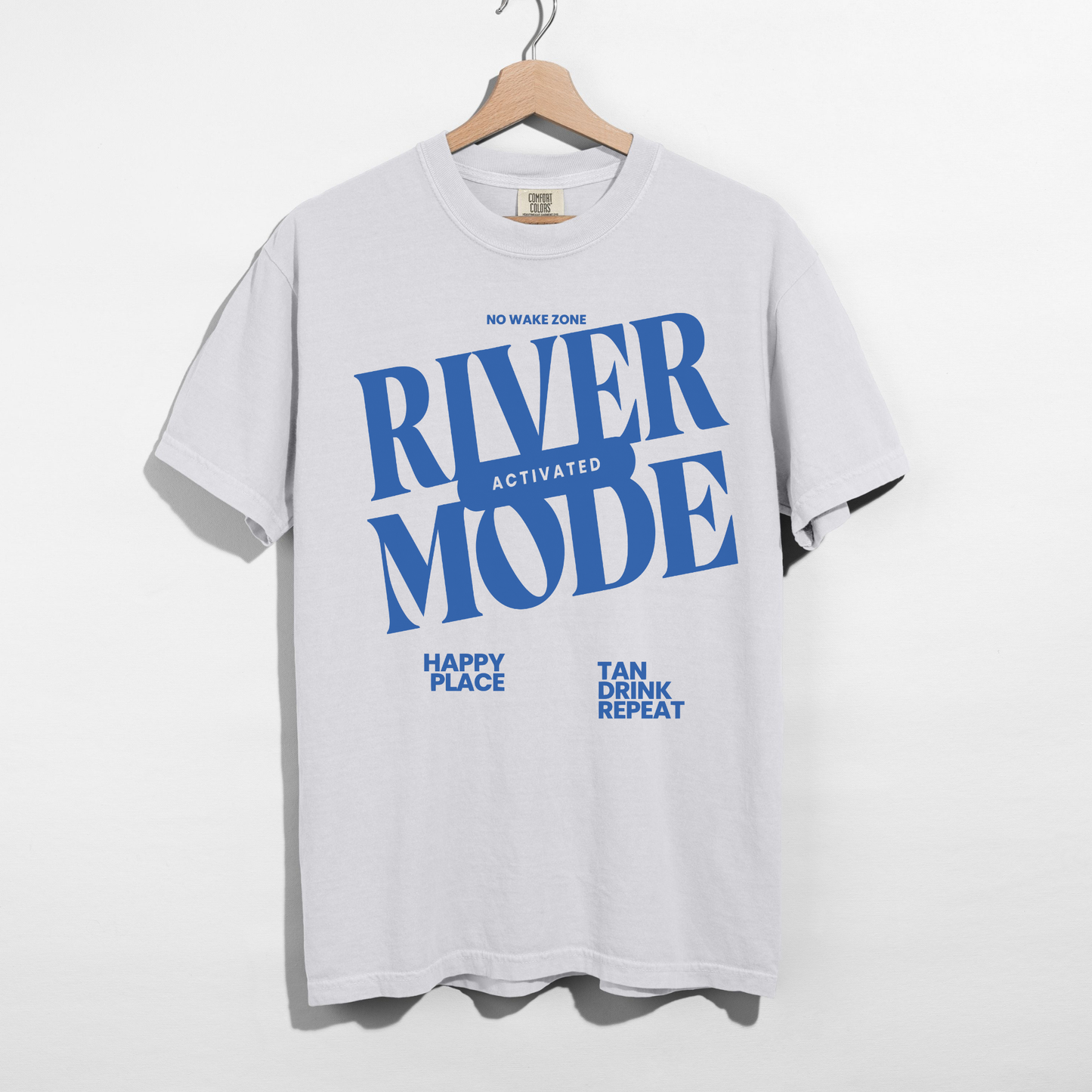 white river mode graphic tee bold blue print lake shirt