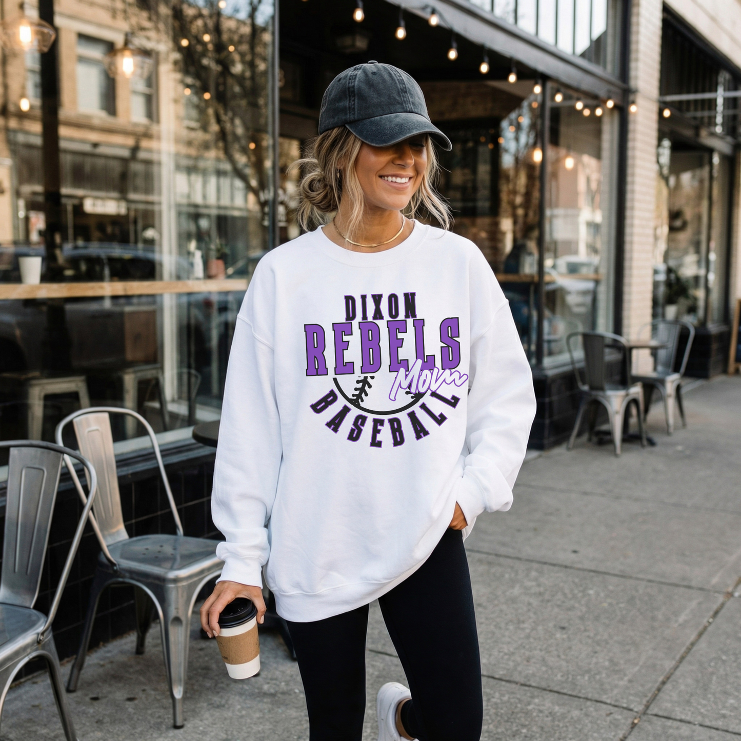 Dixon Rebels Baseball Mom sweatshirt white crewneck styled with black leggings and hat, casual game day outfit