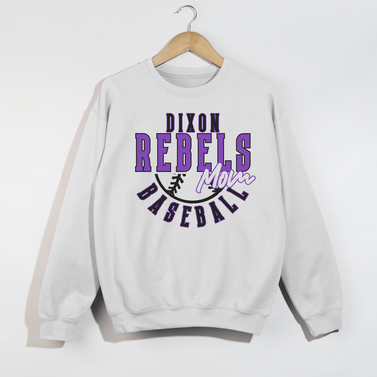 Dixon Rebels Baseball Mom white crewneck sweatshirt product image with bold purple lettering and baseball design