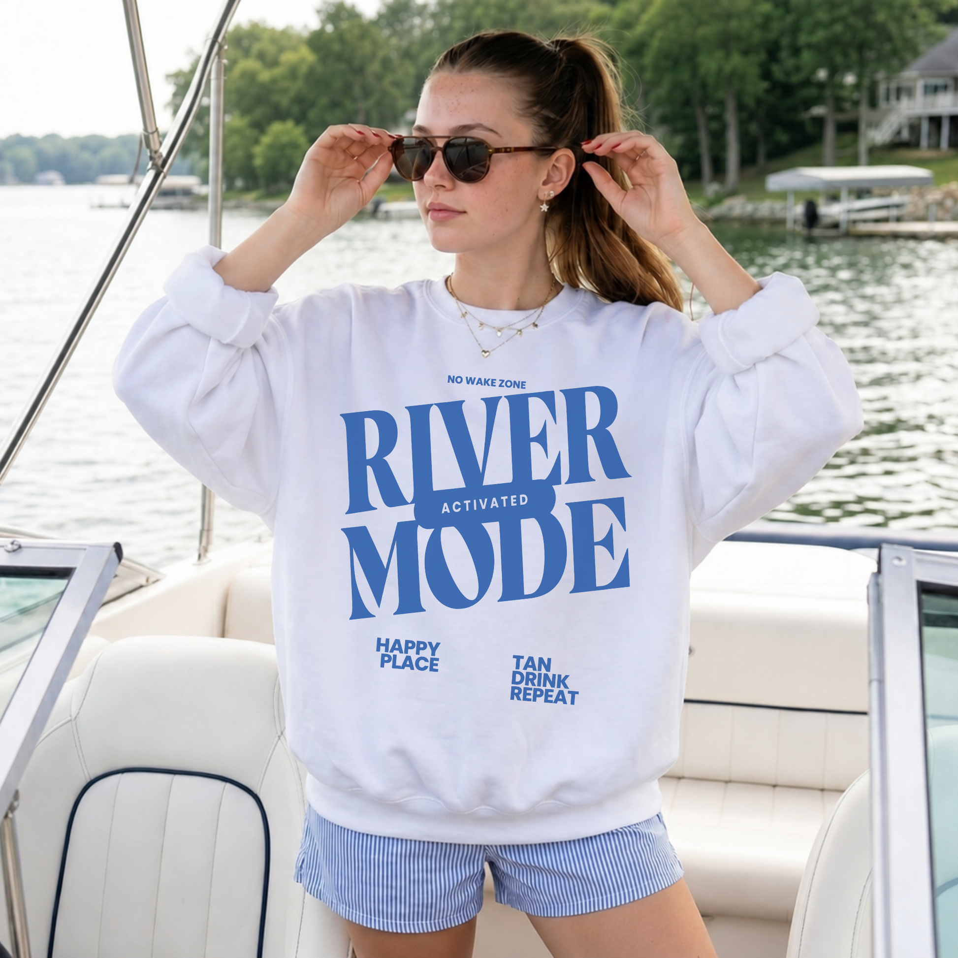 white river mode crewneck sweatshirt river life outfit boat day