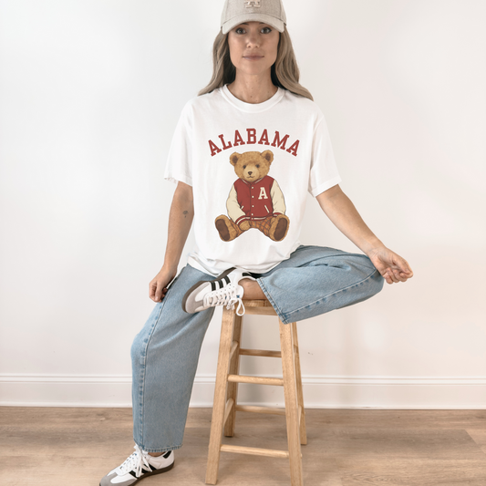 Alabama Teddy Bear Graphic Tee – Vintage Collegiate Gameday Shirt