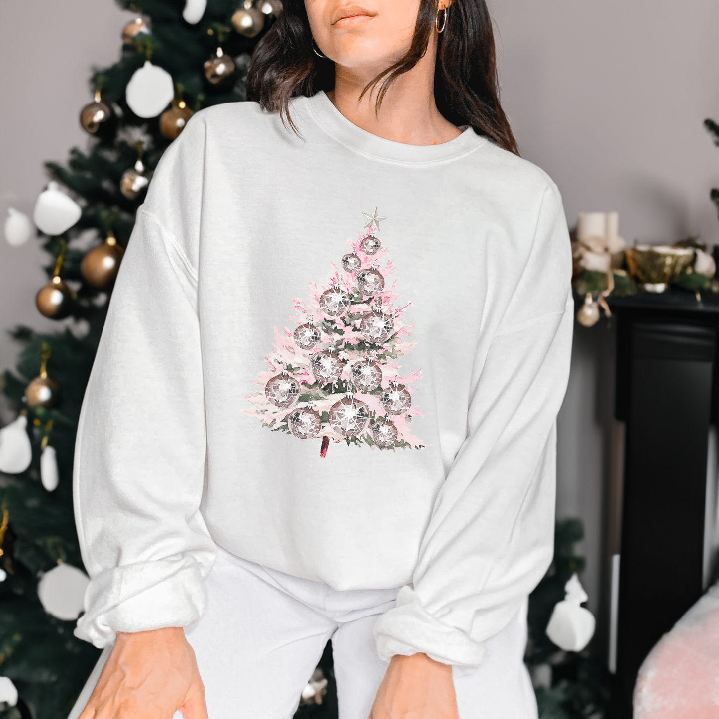 Disco Ball Christmas Tree Crewneck Sweatshirt – Retro Holiday Pullover