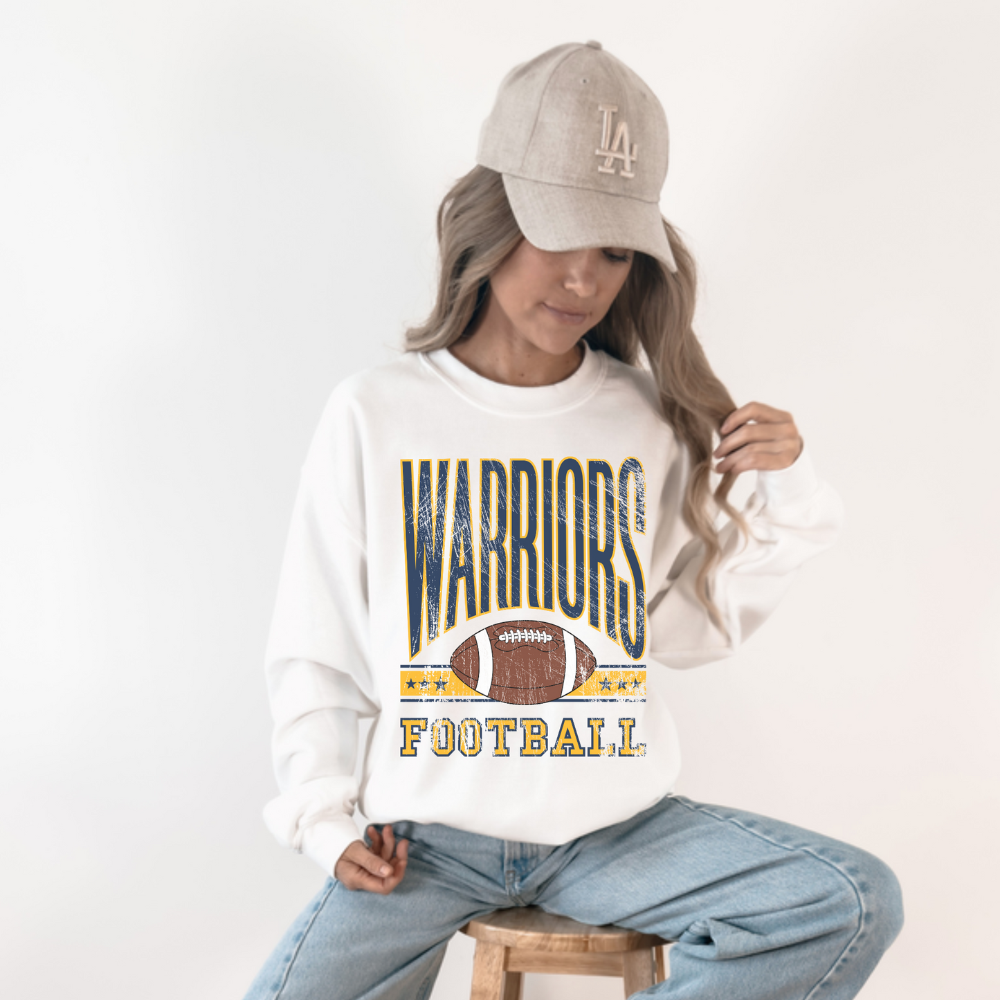 Distressed Warriors Football Crewneck | Game Day Spirit Wear