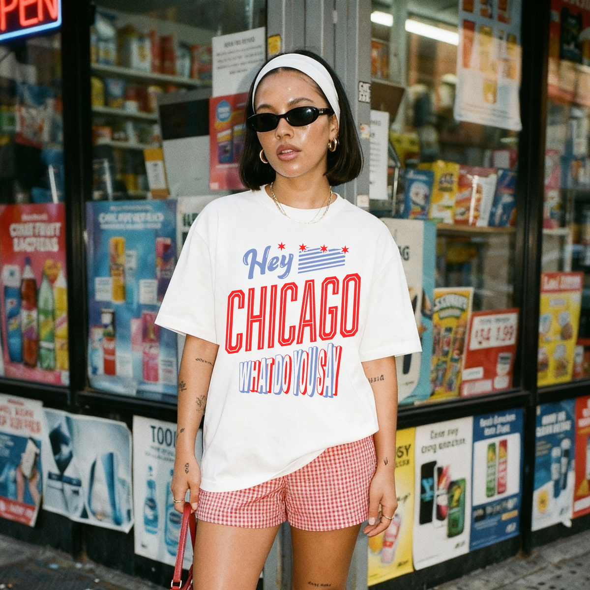Woman wearing white Hey Chicago What Do You Say graphic t-shirt with red and blue varsity lettering