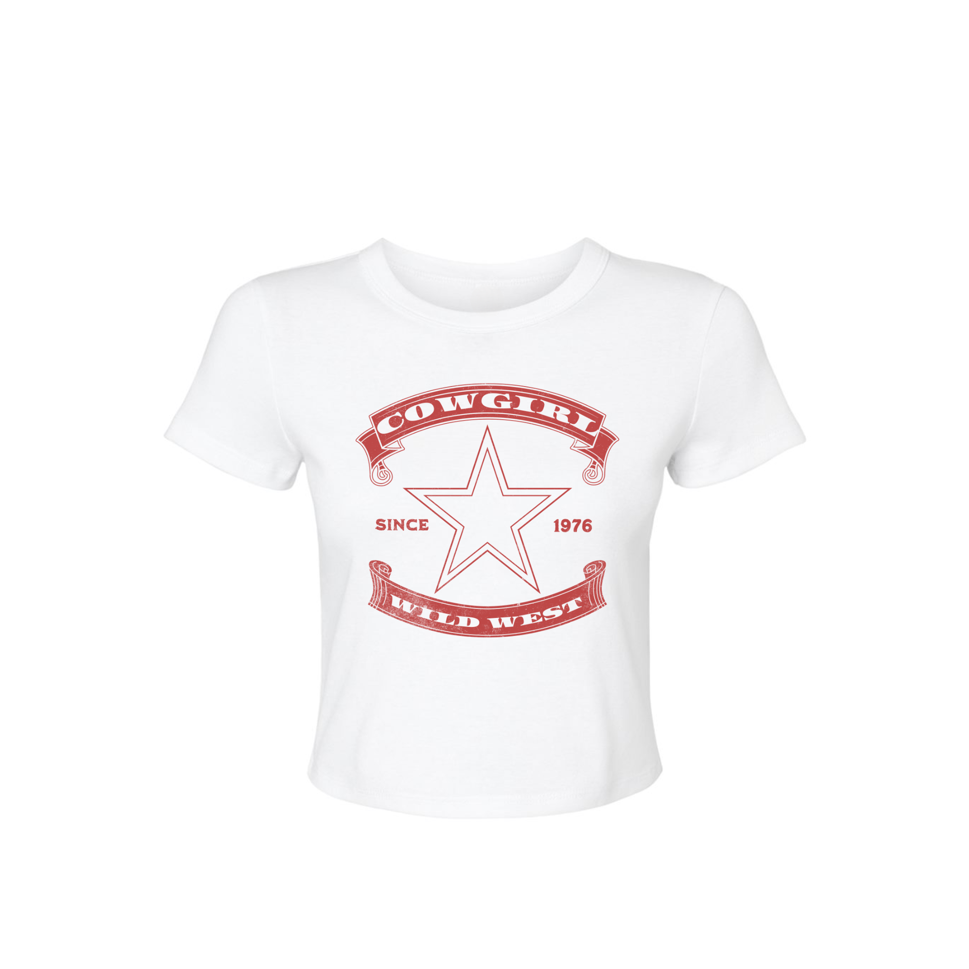 White cropped t-shirt with red cowgirl wild west star graphic, vintage western style baby tee