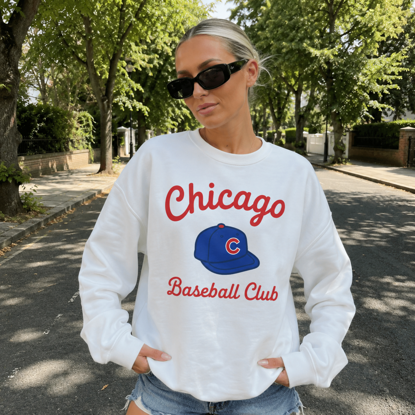 Woman wearing oversized white Chicago Baseball Club sweatshirt with retro baseball graphic and denim shorts outdoors