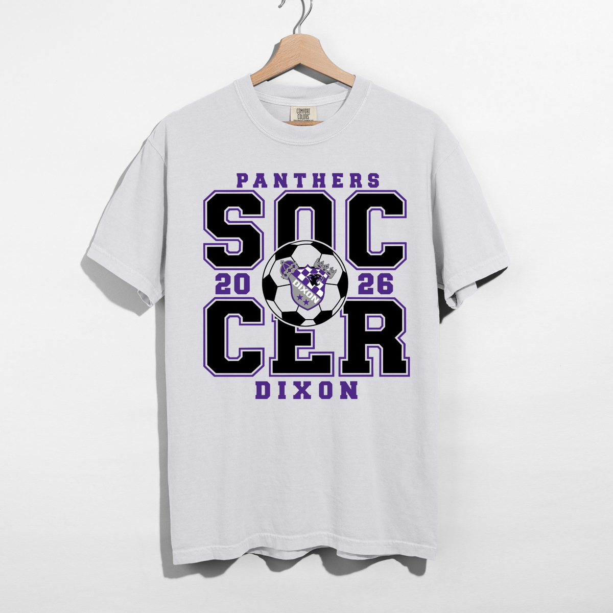 Dixon Panthers Soccer 2026 purple and black school spirit graphic tee on white Comfort Colors shirt