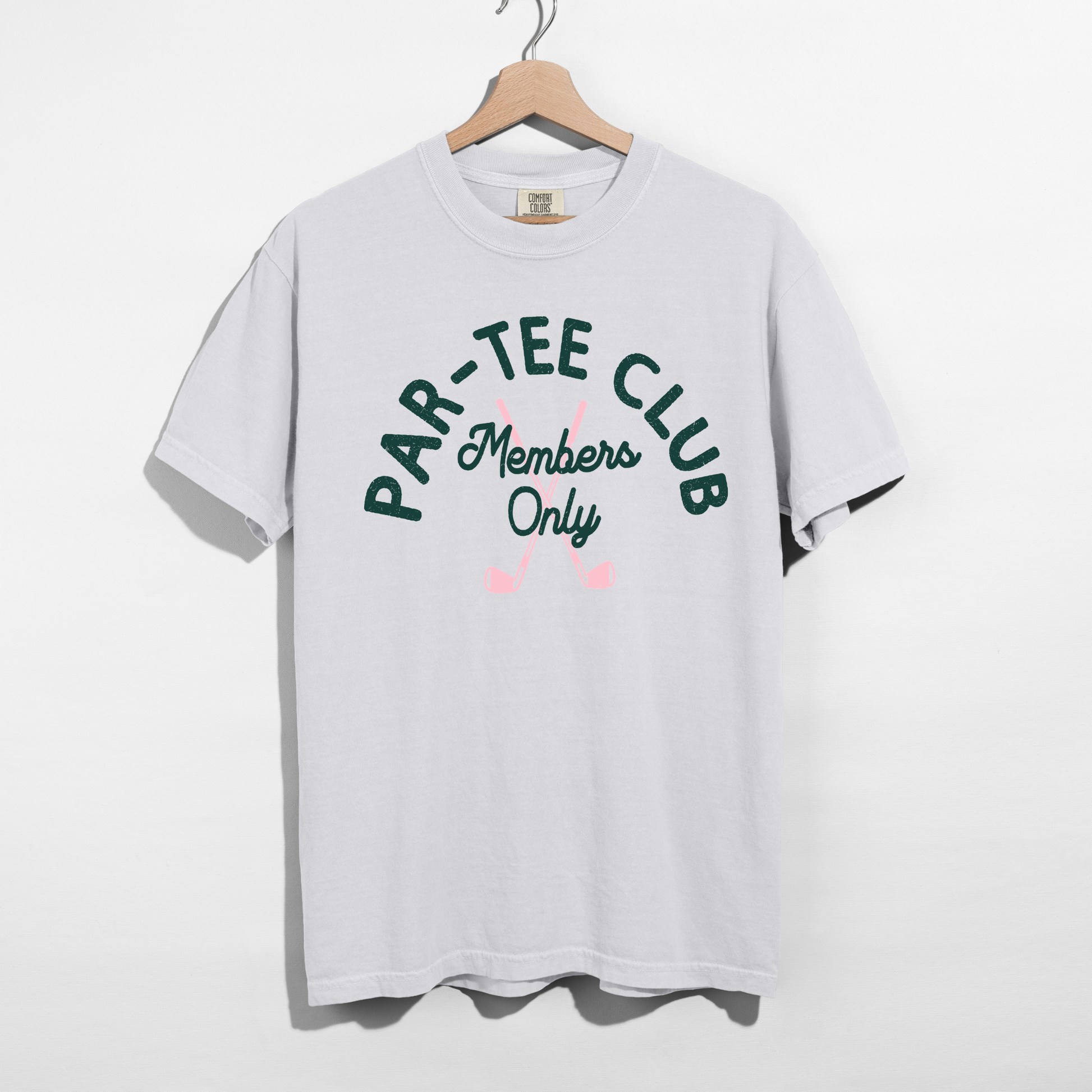 White Par-Tee Club Members Only golf graphic t-shirt featuring vintage golf-inspired artwork.