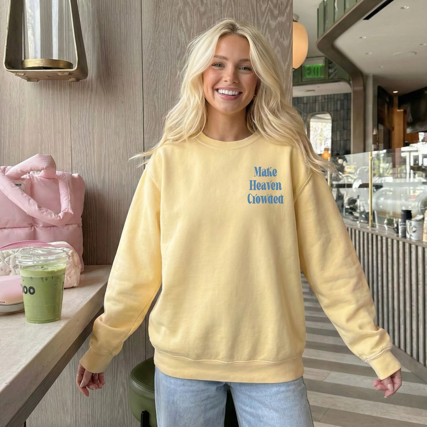 Minimal front graphic faith sweatshirt oversized fit casual outfit